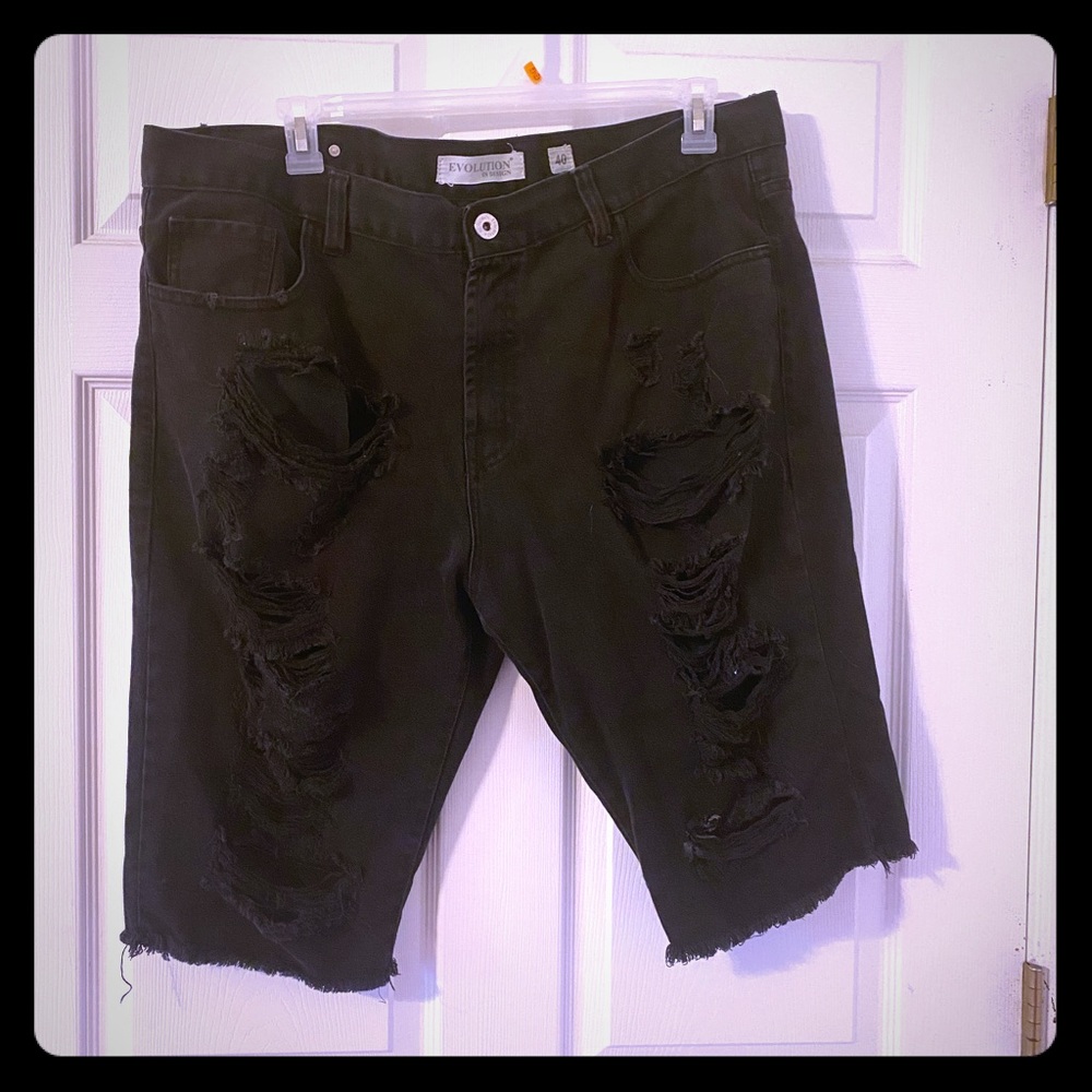 Black ripped denim jeans shorts for men